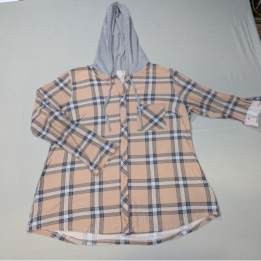 No Comment Plus 1X tan plaid hooded button front tunic shirt